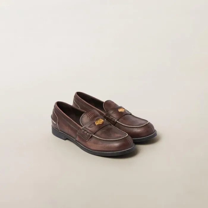 Women Loafers And LaceUps Miu Miu Vintageeffect Leather Penny Loafers Ebony