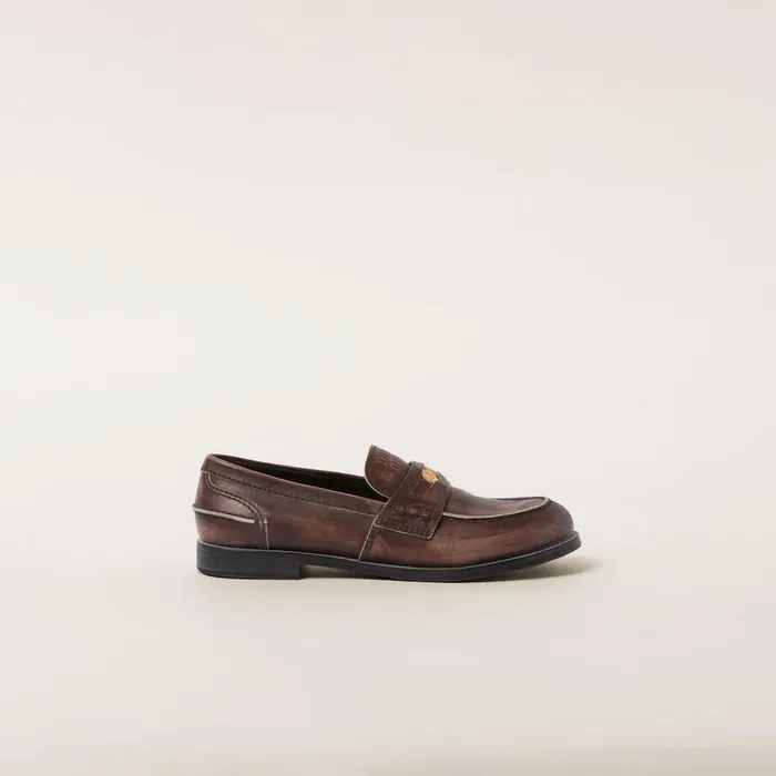 Women Loafers And LaceUps Miu Miu Vintageeffect Leather Penny Loafers Ebony