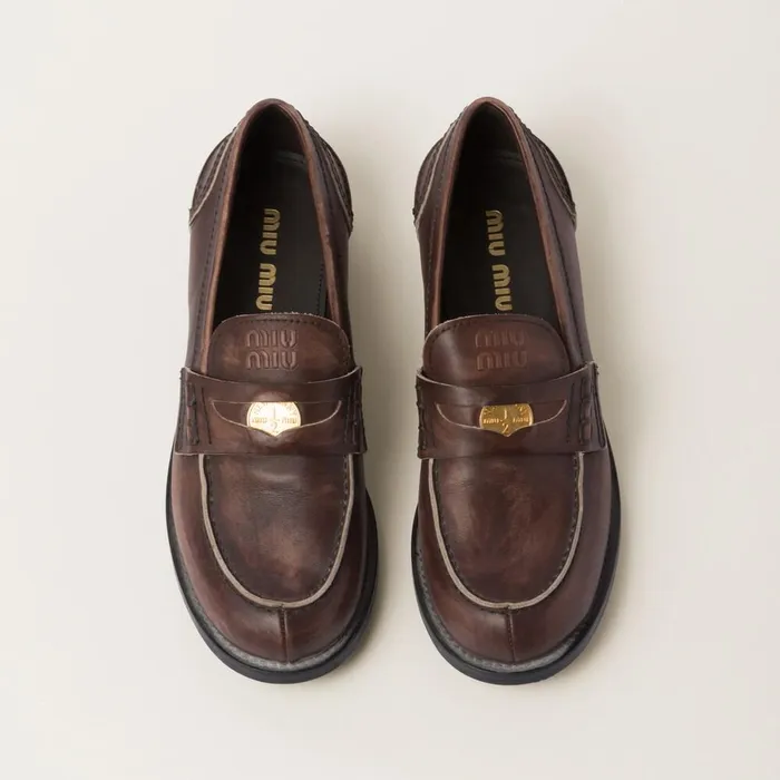 Women Loafers And LaceUps Miu Miu Vintageeffect Leather Penny Loafers Ebony