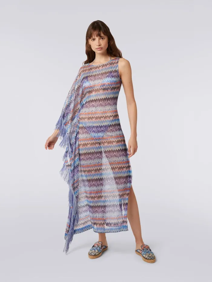 Women Long Chevron Viscose Tulle Cover Up With Tassels Blue Shade Chevron Missoni Beachwear Women Long Chevron Viscose Tulle Cover Up With Tassels Blue Shade Chevron Missoni Beachwear