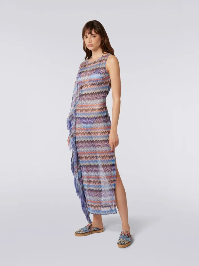 Women Long Chevron Viscose Tulle Cover Up With Tassels Blue Shade Chevron Missoni Beachwear Women Long Chevron Viscose Tulle Cover Up With Tassels Blue Shade Chevron Missoni Beachwear