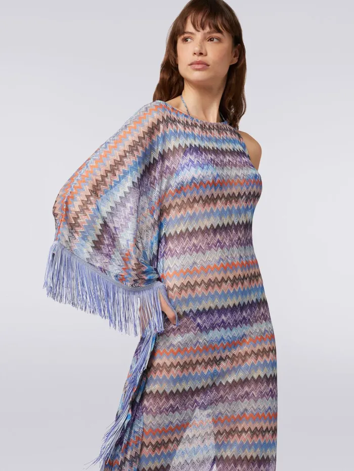 Women Long Chevron Viscose Tulle Cover Up With Tassels Blue Shade Chevron Missoni Beachwear Women Long Chevron Viscose Tulle Cover Up With Tassels Blue Shade Chevron Missoni Beachwear