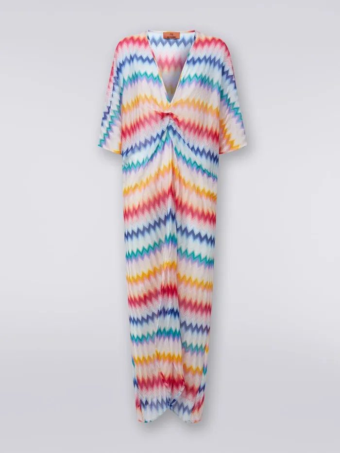 Women Long Cover Up Kaftan With Torchon Details And Zigzag Print Multicoloured Missoni Beachwear Women Long Cover Up Kaftan With Torchon Details And Zigzag Print Multicoloured Missoni Beachwear