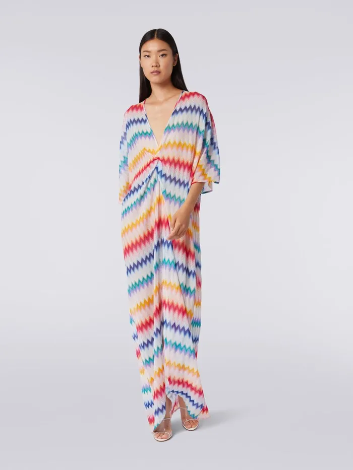 Women Long Cover Up Kaftan With Torchon Details And Zigzag Print Multicoloured Missoni Beachwear