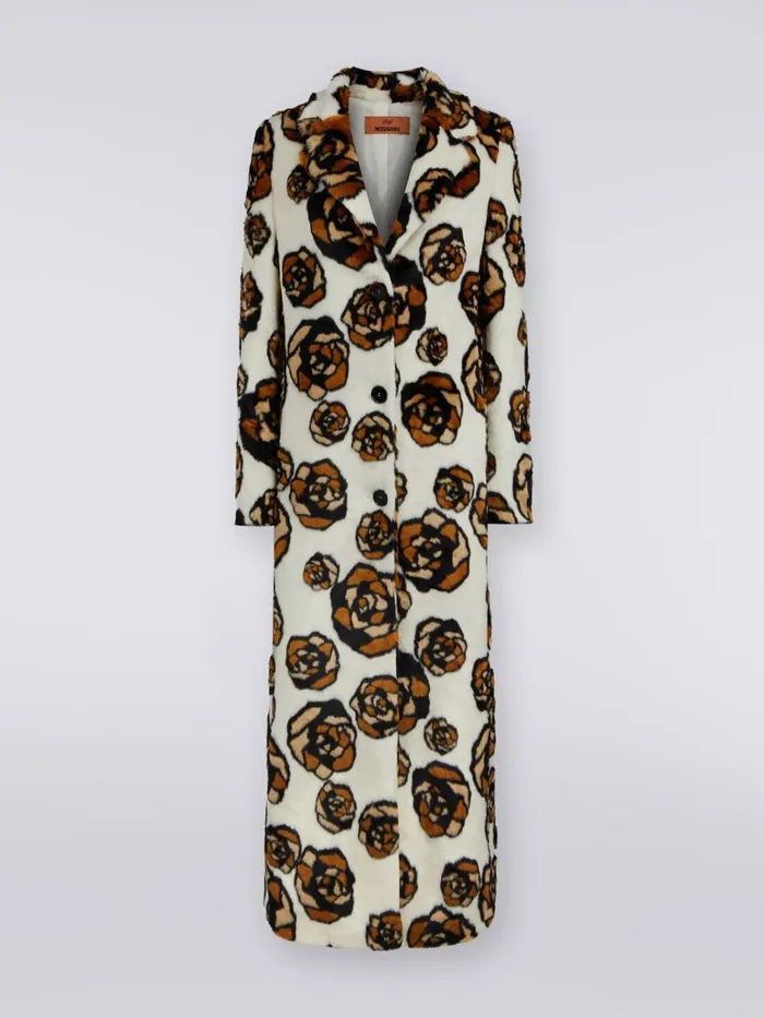 Women Long Faux Fur Coat With Roses Multicoloured Missoni Coats and Jackets