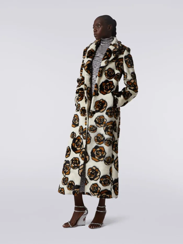 Women Long Faux Fur Coat With Roses Multicoloured Missoni Coats and Jackets Women Long Faux Fur Coat With Roses Multicoloured Missoni Coats and Jackets