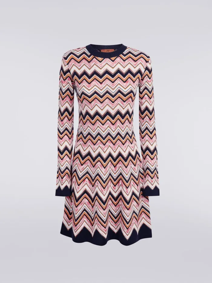 Women LongSleeved CrewNeck Dress In Zigzag Knit Multicoloured Missoni Dresses