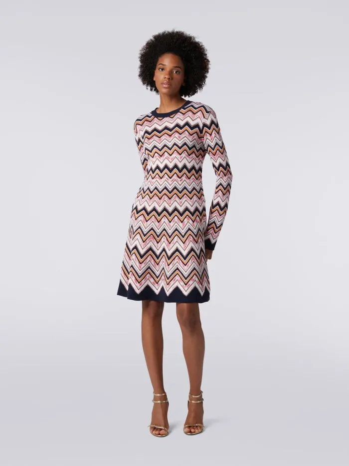 Women LongSleeved CrewNeck Dress In Zigzag Knit Multicoloured Missoni Dresses