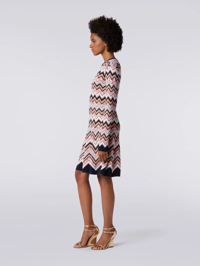 Women LongSleeved CrewNeck Dress In Zigzag Knit Multicoloured Missoni Dresses