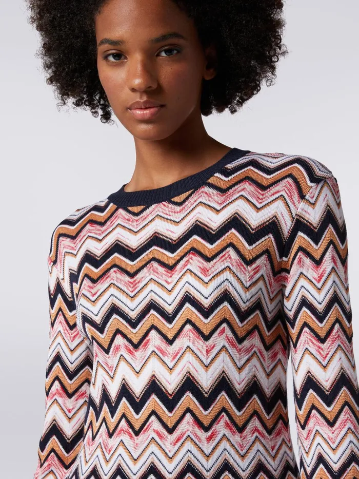 Women LongSleeved CrewNeck Dress In Zigzag Knit Multicoloured Missoni Dresses