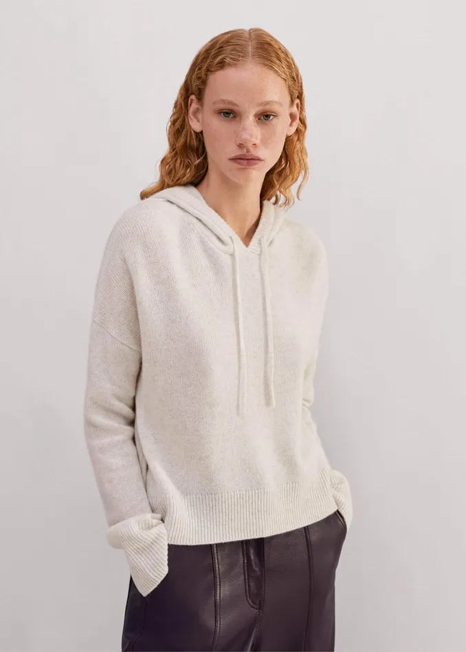 Women Luxe Cashmere Curved Hem Hoody Cream Melange MEEM