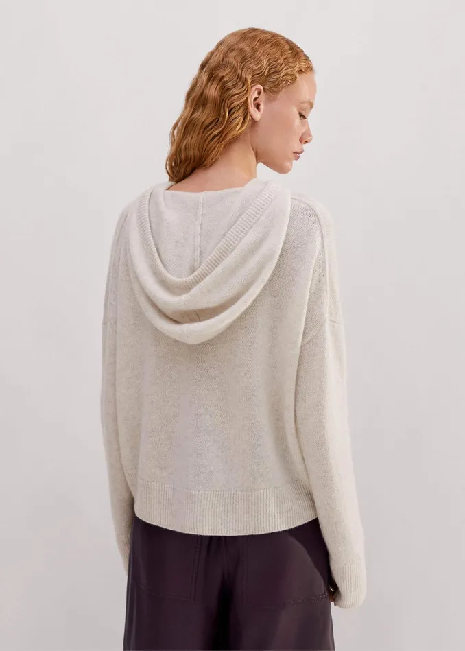 Women Luxe Cashmere Curved Hem Hoody Cream Melange MEEM