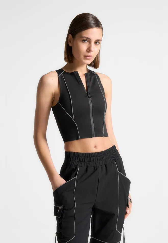 Women Manire De Voir Reflective Piped Racer Crop Top Black