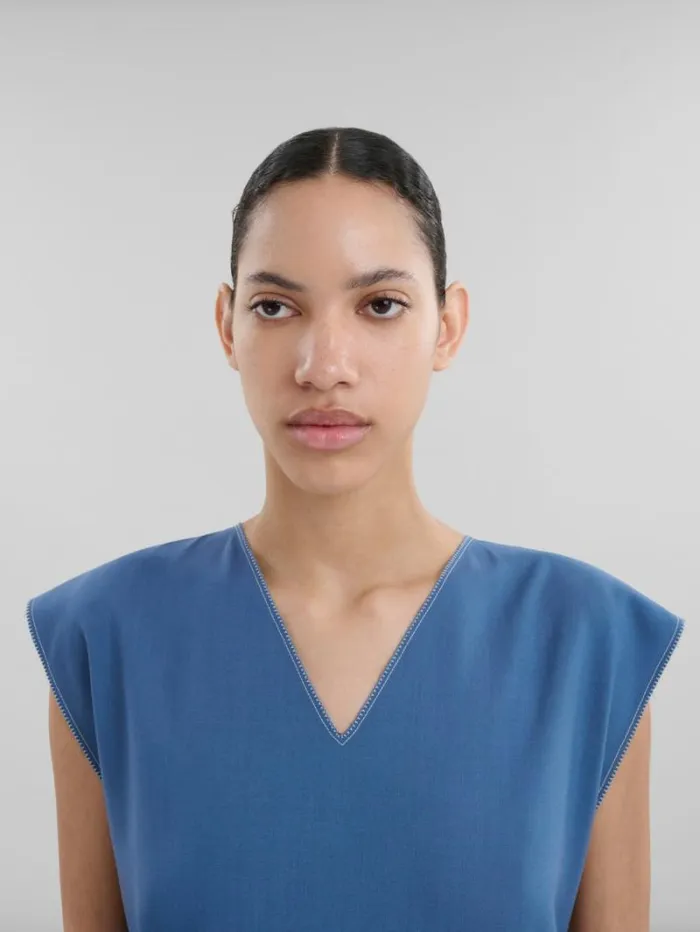 Women Marni Dresses Blue Tropical Wool Dress With Contrast Pleats