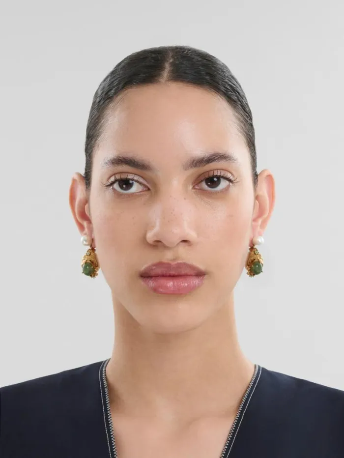 Women Marni Earrings Pearl Drop Earrings With Green Gemstones