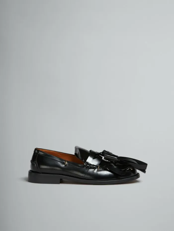 Women Marni Flats Black Leather Bambi Loafer With Maxi Tassels
