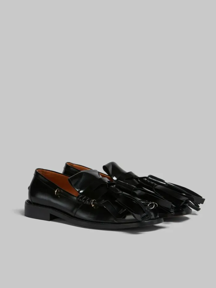 Women Marni Flats Black Leather Bambi Loafer With Maxi Tassels
