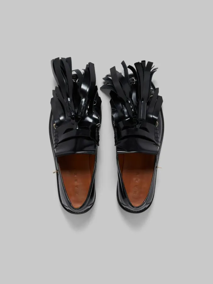 Women Marni Flats Black Leather Bambi Loafer With Maxi Tassels