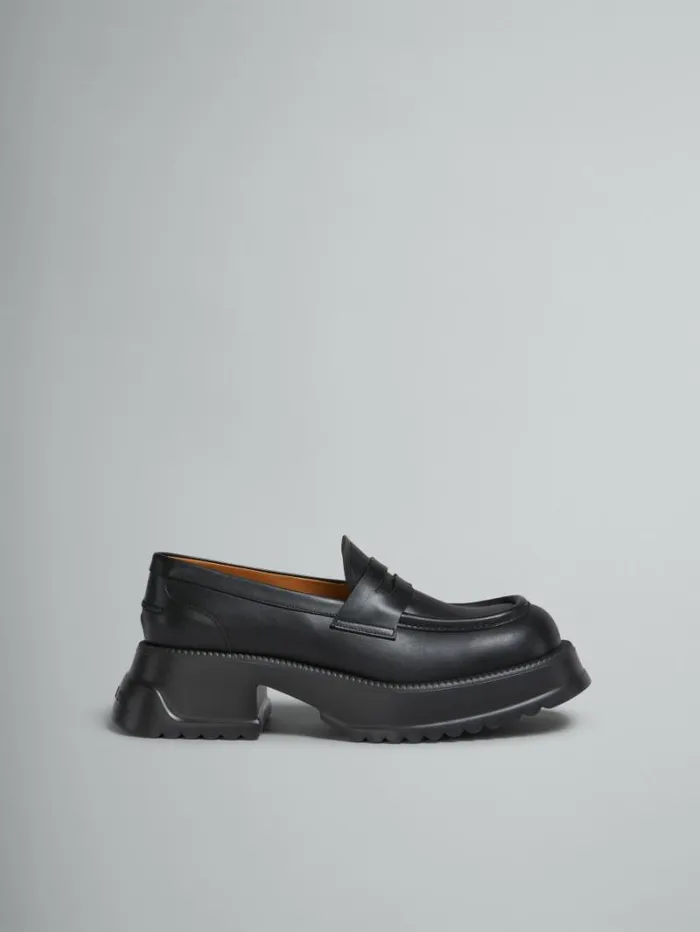 Women Marni Flats Black Leather Loafer With Platform Sole