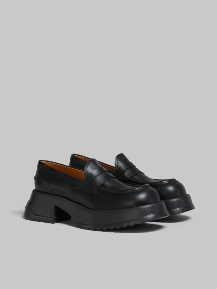 Women Marni Flats Black Leather Loafer With Platform Sole
