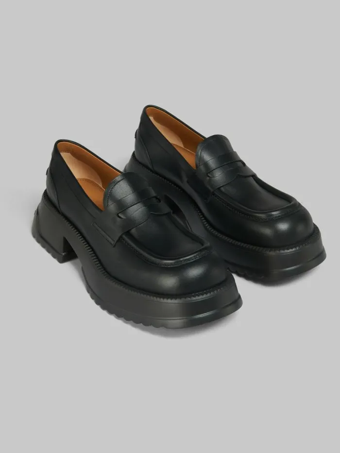 Women Marni Flats Black Leather Loafer With Platform Sole