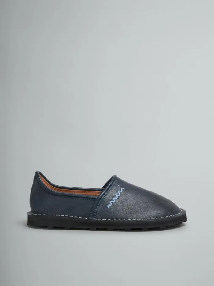 Women Marni Flats Blue Leather SlipOn Loafer With Marni Symbol