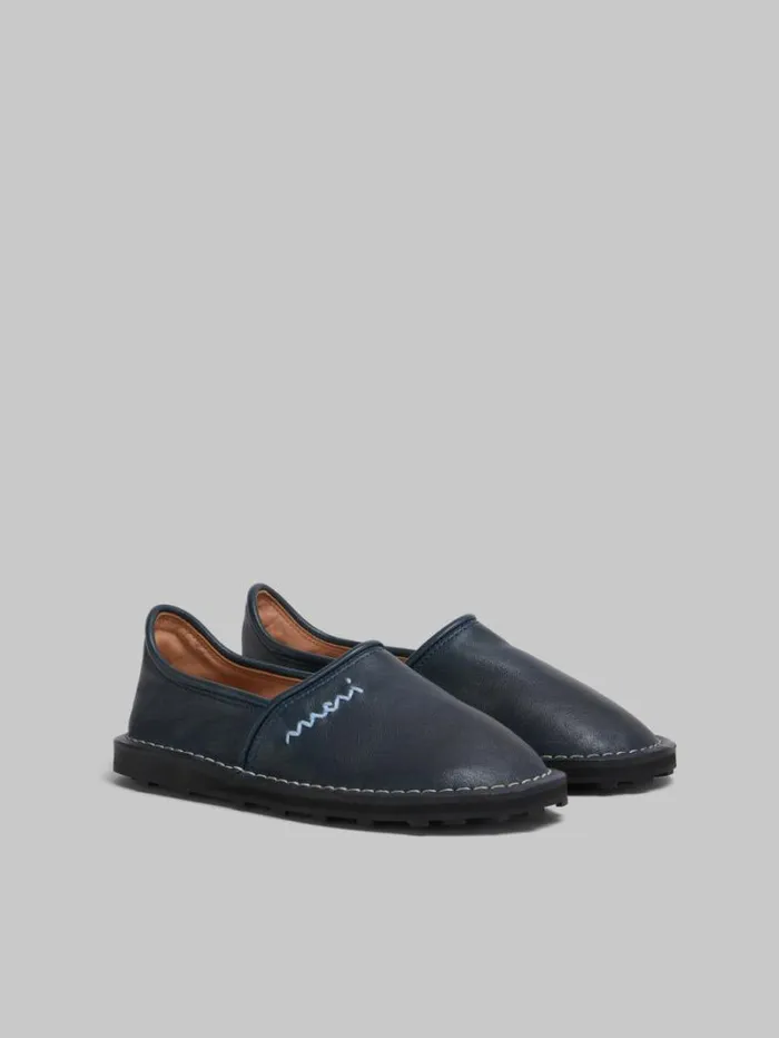 Women Marni Flats Blue Leather SlipOn Loafer With Marni Symbol