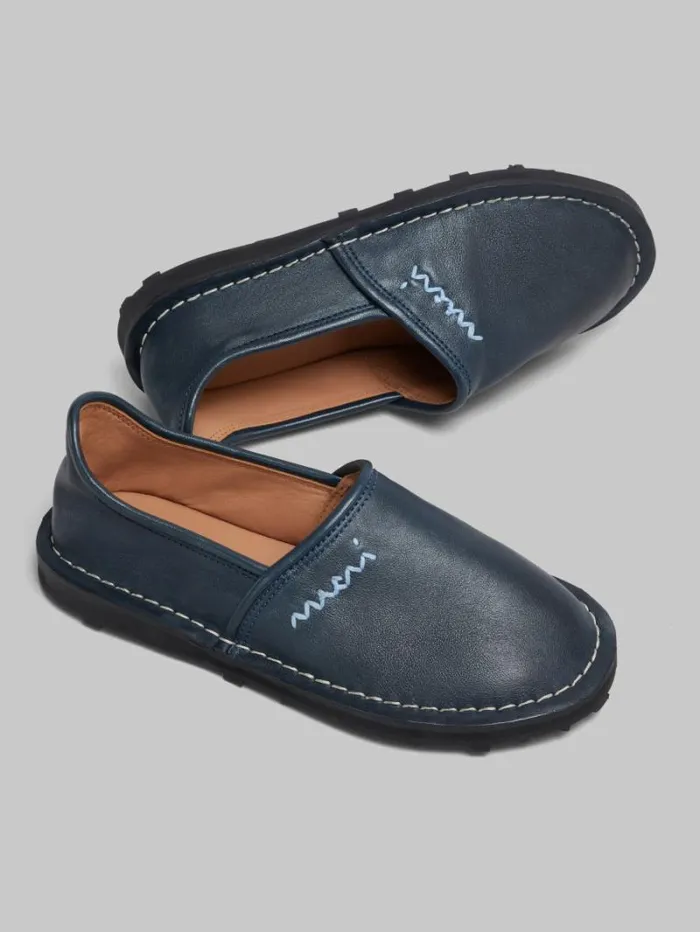 Women Marni Flats Blue Leather SlipOn Loafer With Marni Symbol
