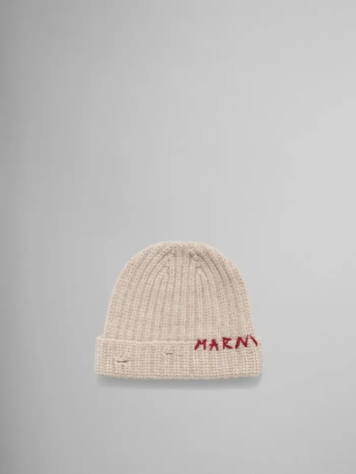 Women Marni Hats Oat Shetland Wool Beanie With Marni Mending