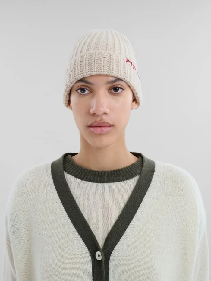 Women Marni Hats Oat Shetland Wool Beanie With Marni Mending