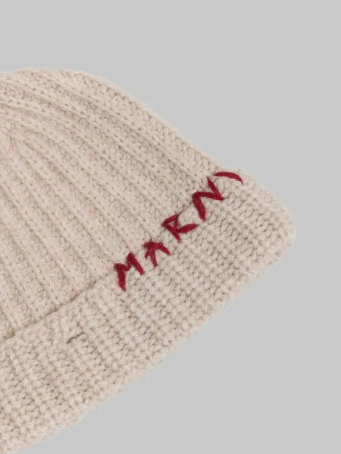 Women Marni Hats Oat Shetland Wool Beanie With Marni Mending
