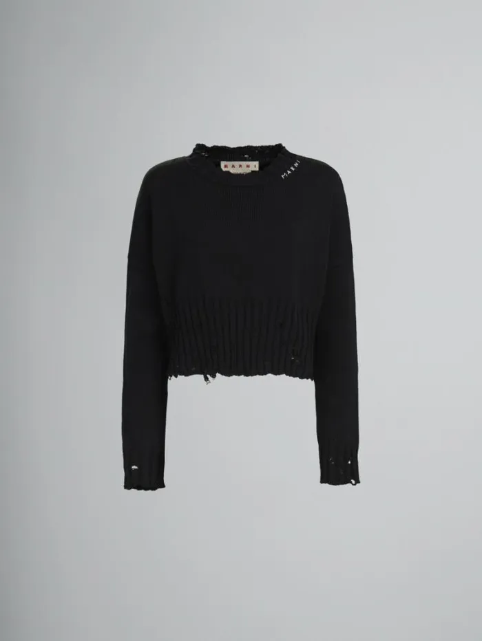 Women Marni Knitwear Black Dishevelled Cotton Cropped Jumper
