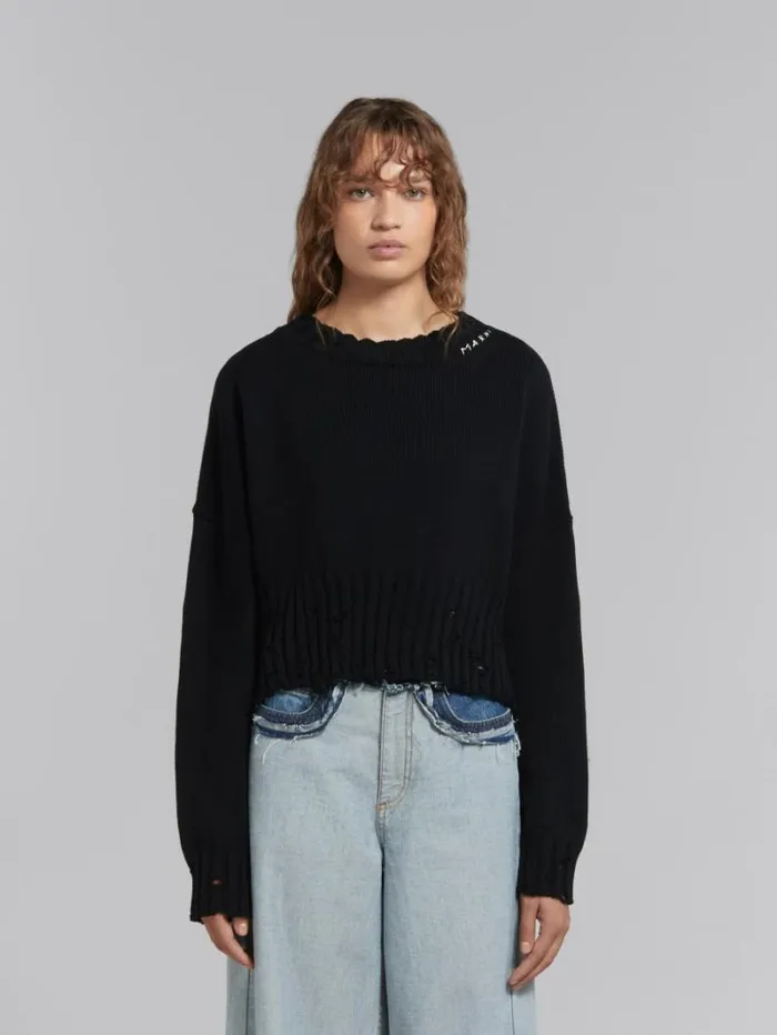 Women Marni Knitwear Black Dishevelled Cotton Cropped Jumper