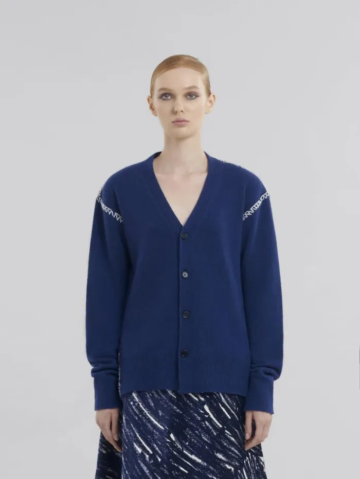 Women Marni Knitwear Blue WoolCashmere Cardigan With Marni Mending