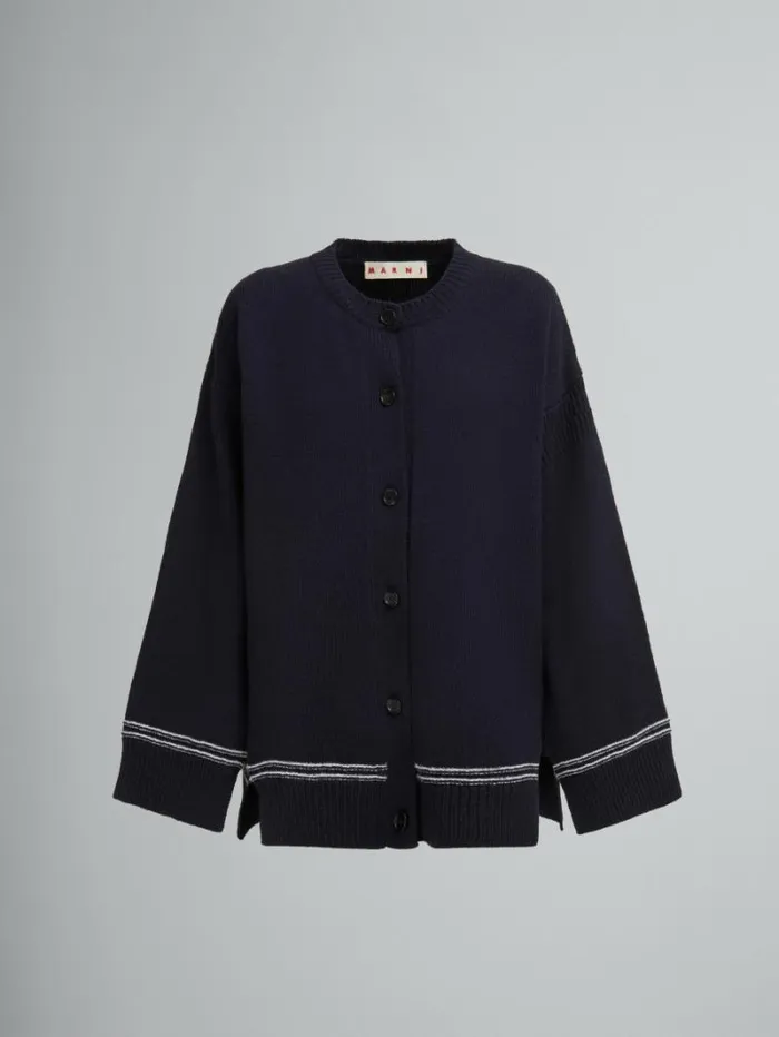 Women Marni Knitwear Navy Wool Cardigan With Maxi Logo