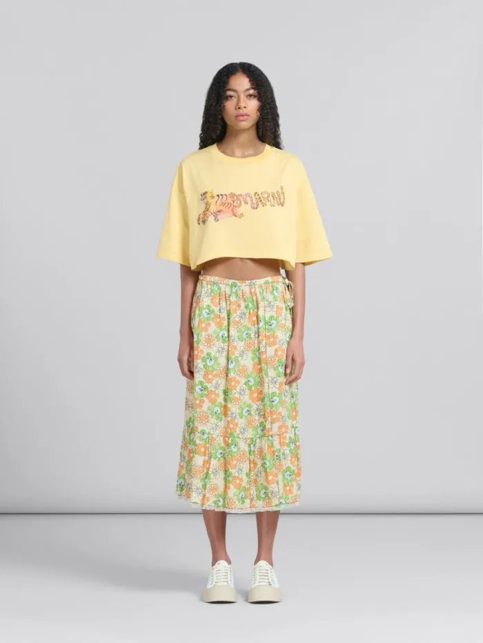 Women Marni Skirts Orange And Green Printed Linen Skirt With Flounce
