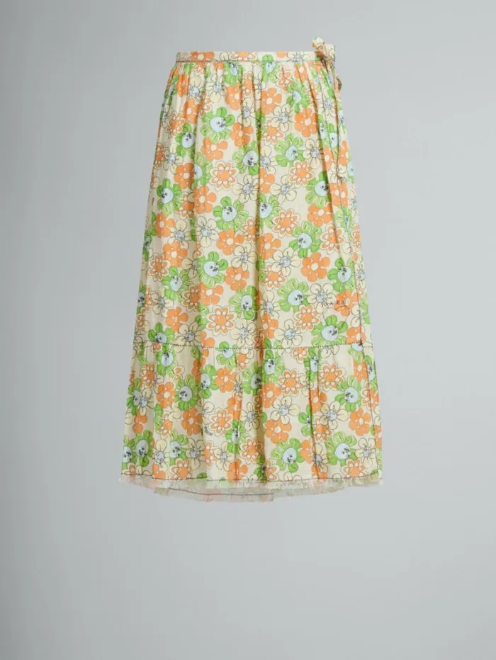 Women Marni Skirts Orange And Green Printed Linen Skirt With Flounce