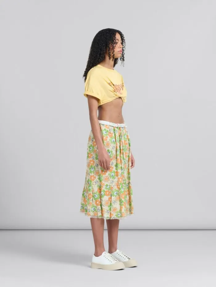 Women Marni Skirts Orange And Green Printed Linen Skirt With Flounce