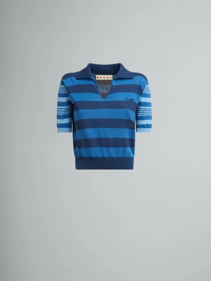 Women Marni Tops and Tshirts Blue ContrastStripe Light Cotton ShortSleeved Jumper
