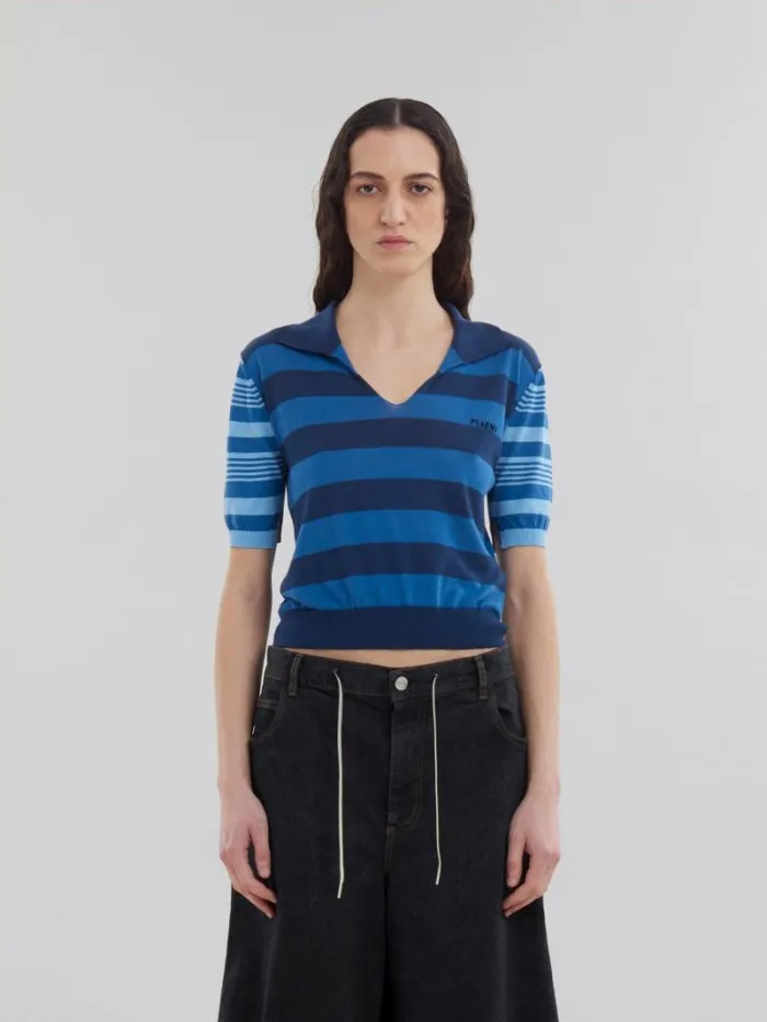Women Marni Tops and Tshirts Blue ContrastStripe Light Cotton ShortSleeved Jumper