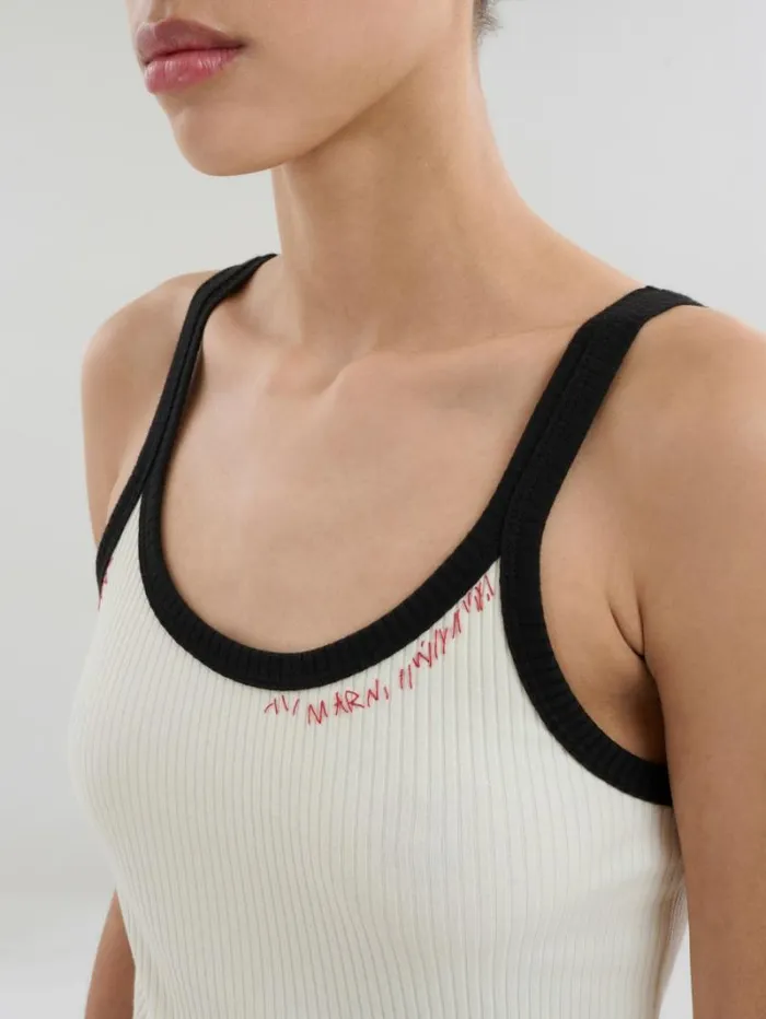 Women Marni Tops and Tshirts White Ribbed Cotton Tank Top With Marni Mending
