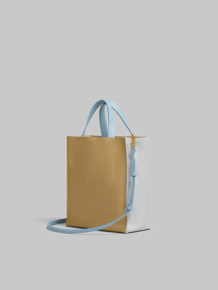 Women Marni Tote Bags Museo Soft Mini Bag In Grey Beige And Blue Leather With Marni Symbol Embroidery