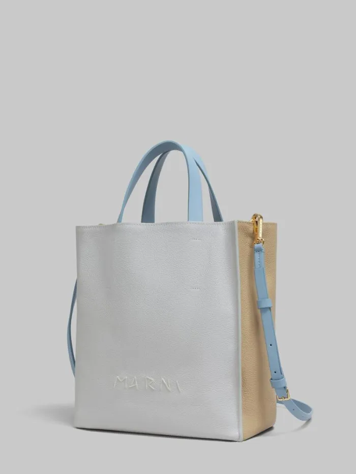 Women Marni Tote Bags Museo Soft Mini Bag In Grey Beige And Blue Leather With Marni Symbol Embroidery