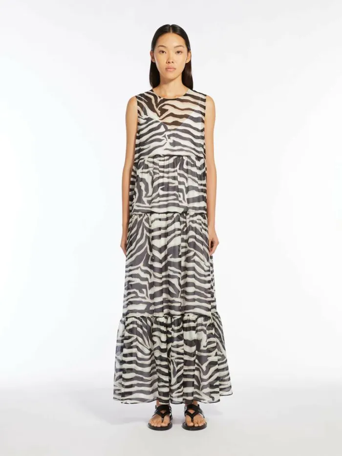 Women Max Mara Dresses Long Animalprint Muslin Dress White Black