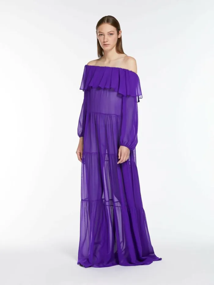 Women Max Mara Dresses Printed Silk Offtheshoulder Dress Purple