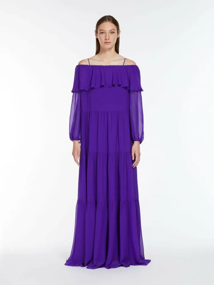 Women Max Mara Dresses Printed Silk Offtheshoulder Dress Purple
