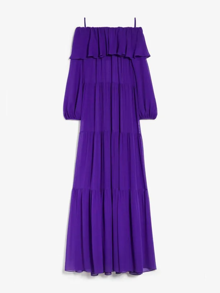 Women Max Mara Dresses Printed Silk Offtheshoulder Dress Purple