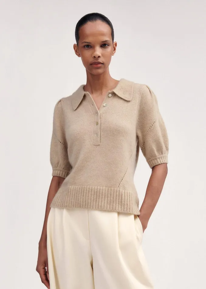 Women Merino Cashmere Silk Pouf Sleeve Tee Oatmeal MEEM