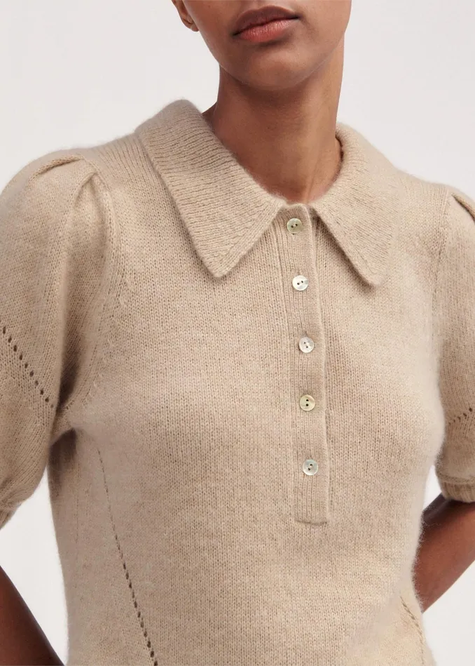 Women Merino Cashmere Silk Pouf Sleeve Tee Oatmeal MEEM