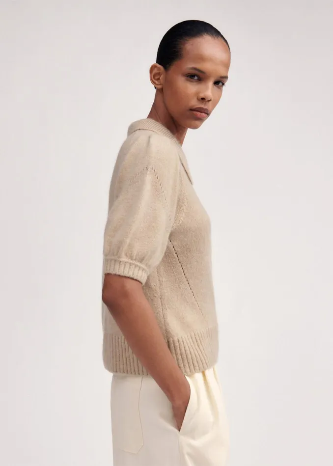 Women Merino Cashmere Silk Pouf Sleeve Tee Oatmeal MEEM